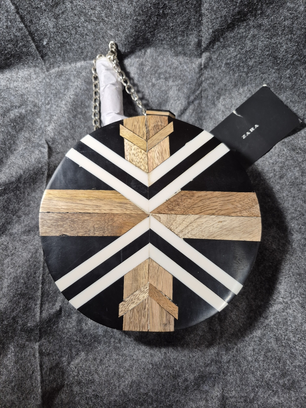 Zara Black & Wood Geometric Round Accent Handbag